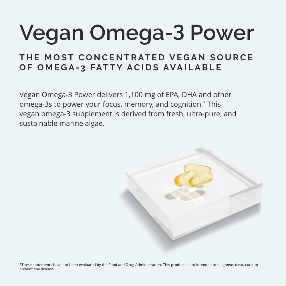 BrainMD Dr Amen Vegan Omega-3 Power label close-up highlighting purity and vegan formula