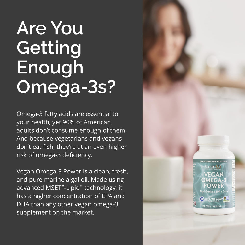 BrainMD Dr Amen Vegan Omega-3 Power softgels close-up showing glossy capsules