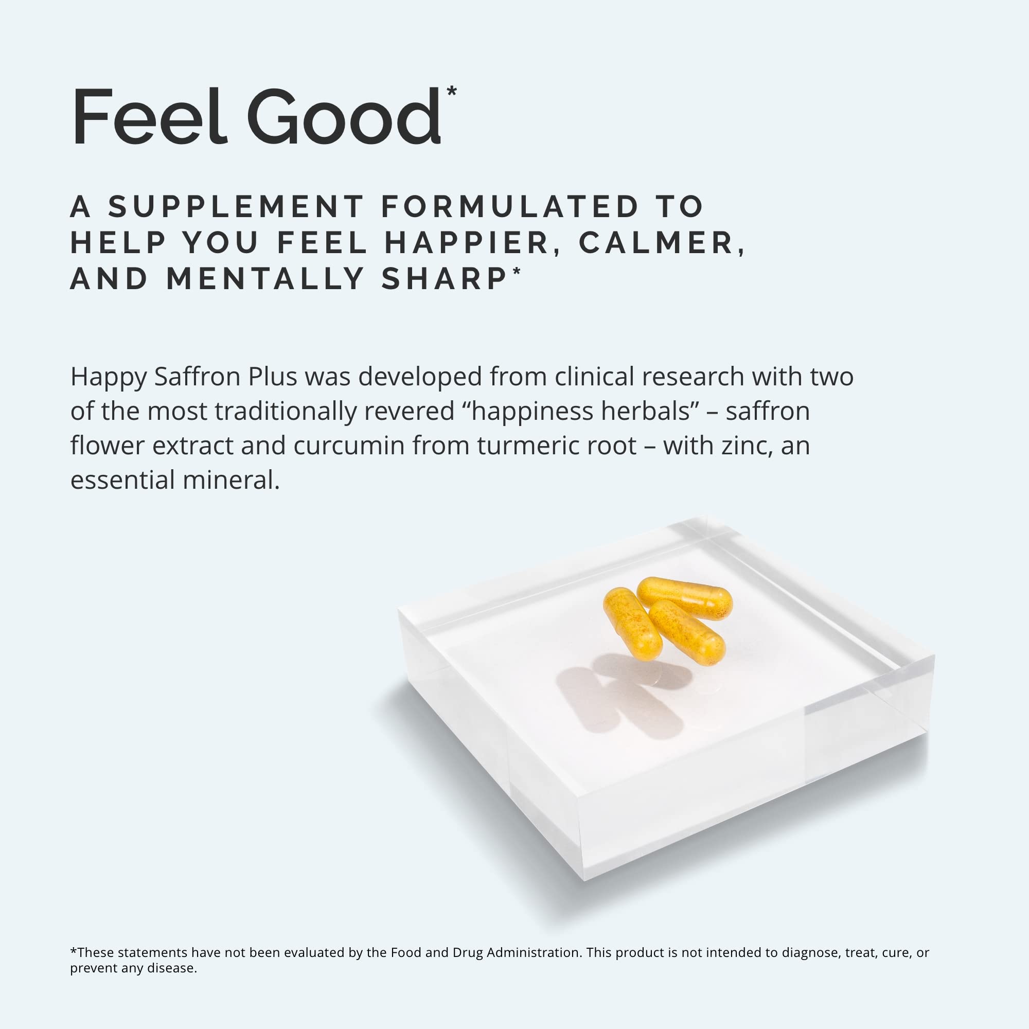 BrainMD Happy Saffron Plus capsules closeup highlighting vegan formula