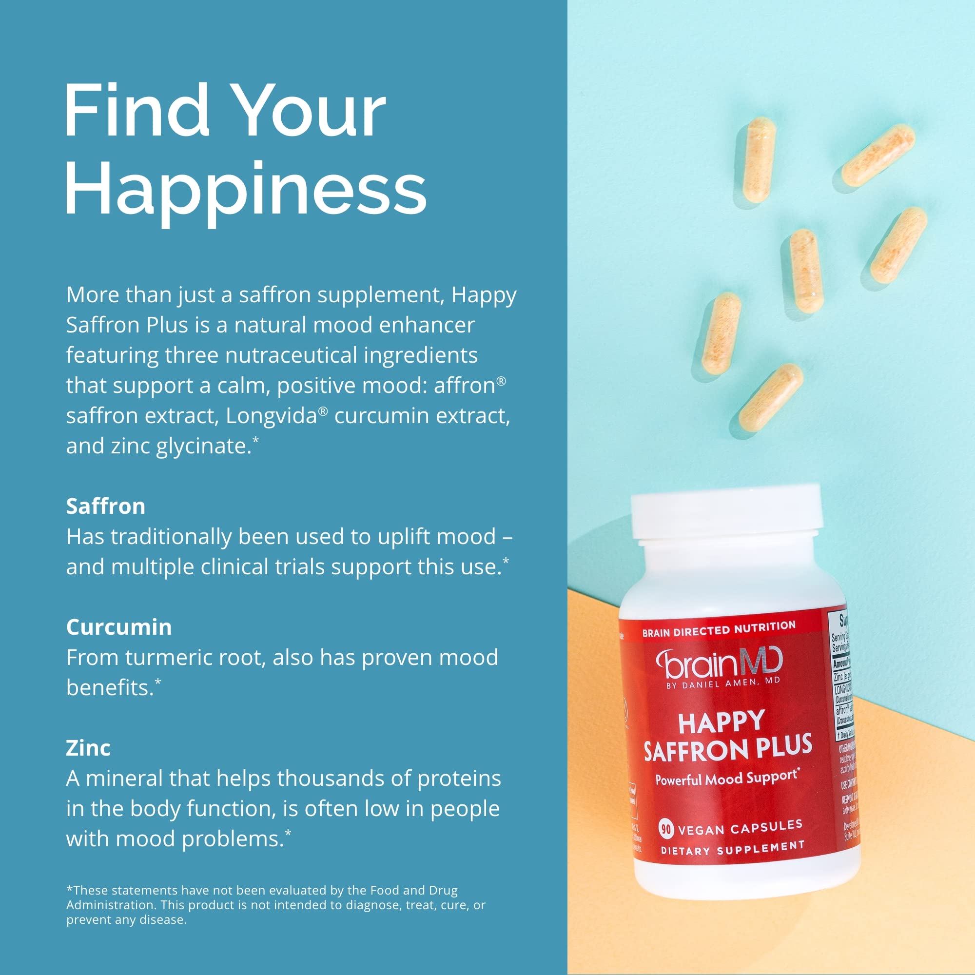 BrainMD Happy Saffron Plus glass with pills evokes restful routines
