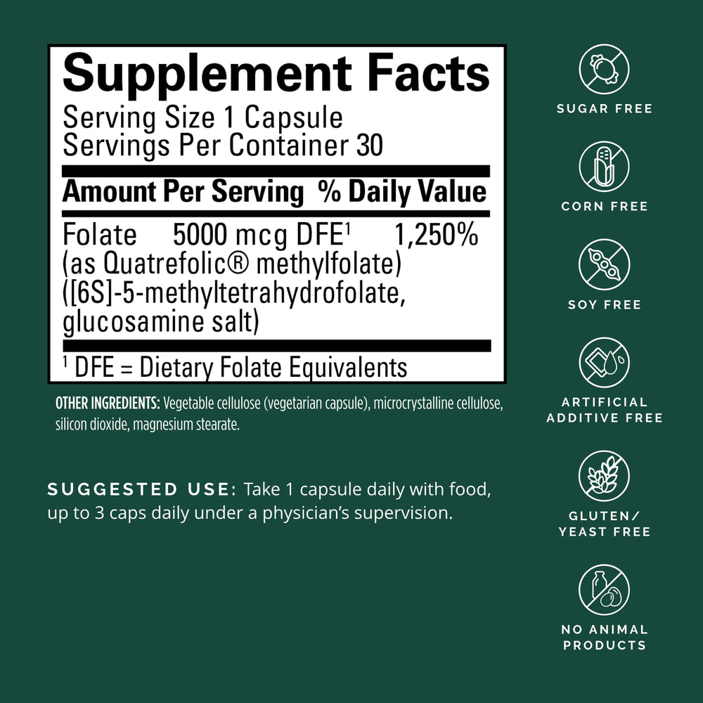Close-up of BrainMD Methylfolate capsule highlighting 5-MTHF active form.