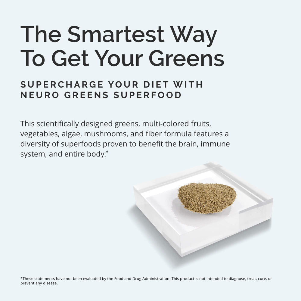 BrainMD Neuro Greens bottle close-up highlights greens and mushrooms for immune support.