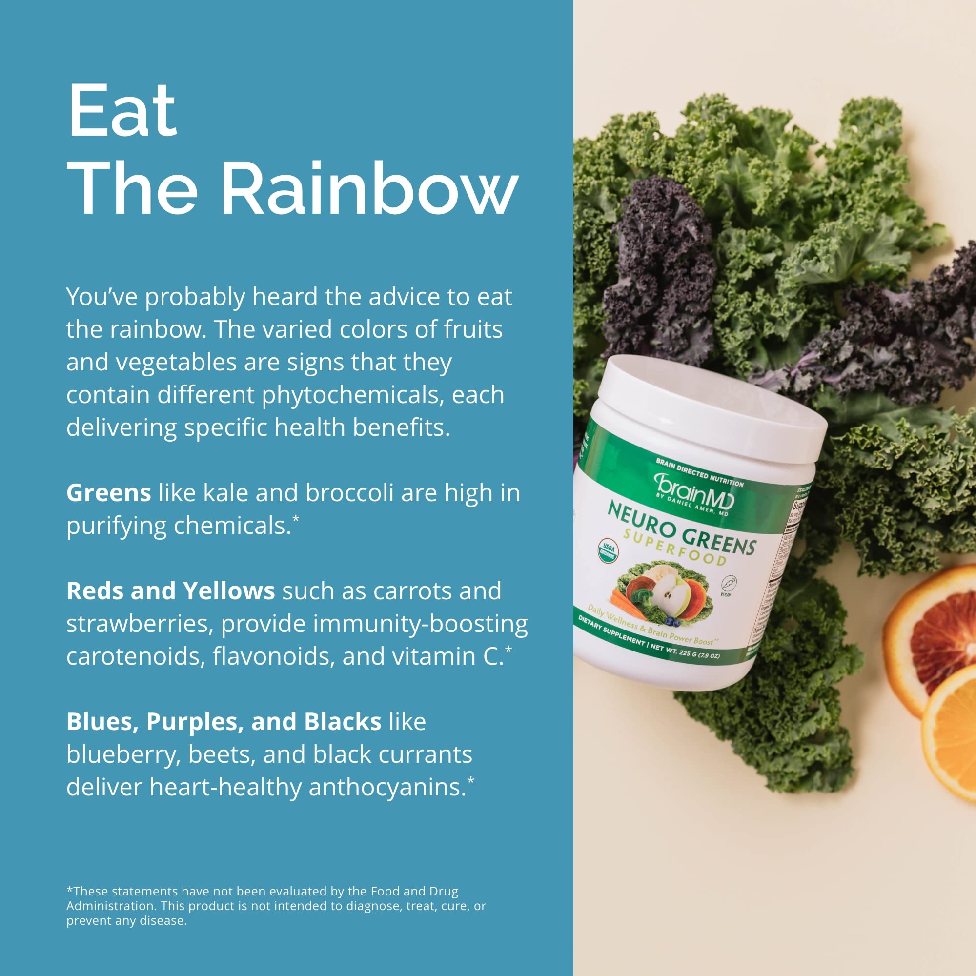BrainMD Neuro Greens tub on the kitchen counter suggests convenient whole-body wellness.