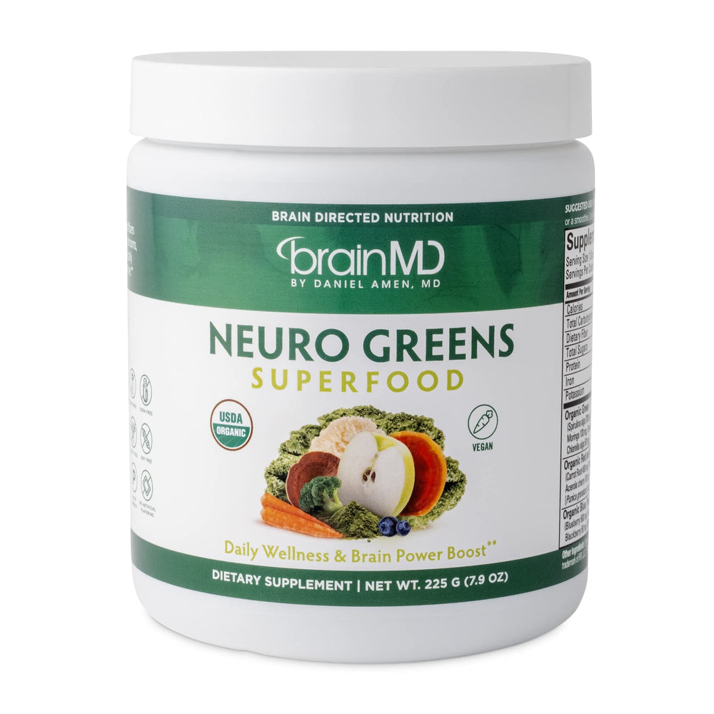 BrainMD Neuro Greens tub label shows a rainbow blend for daily vitality.