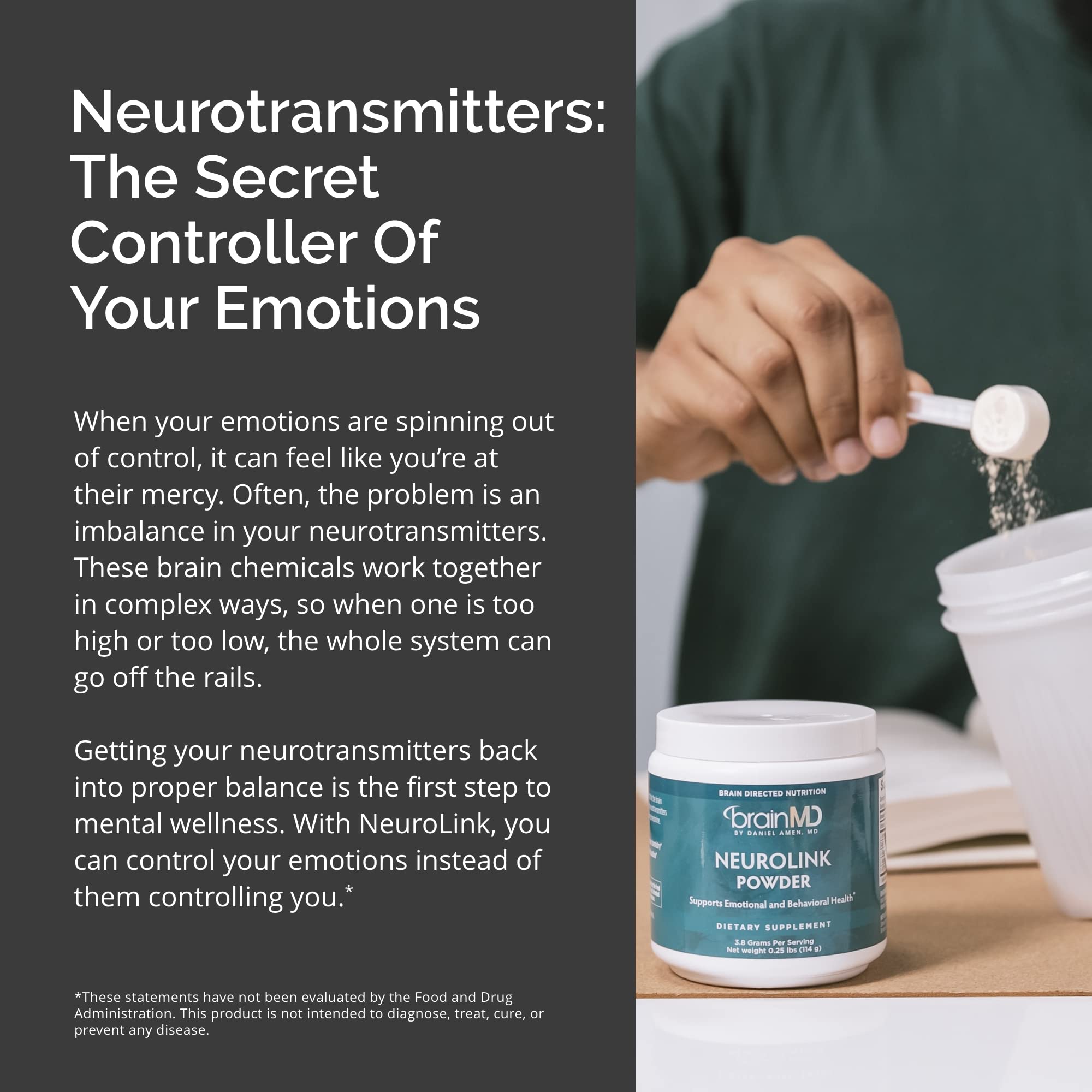BrainMD NeuroLink powder poured into glass for quick use.