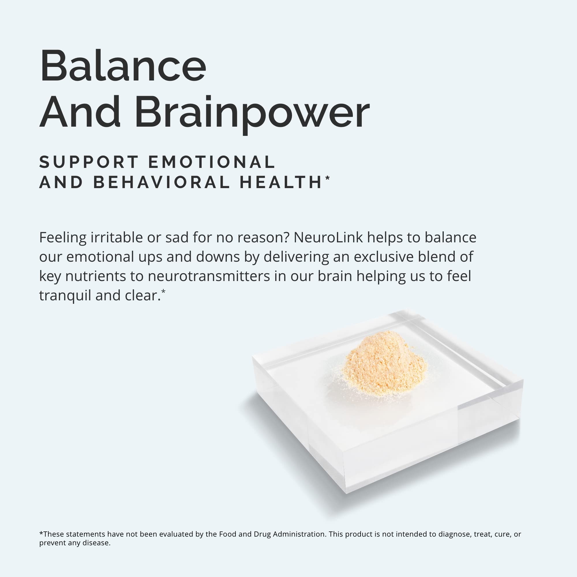 BrainMD NeuroLink powder scoop beside tub for daily focus routines.