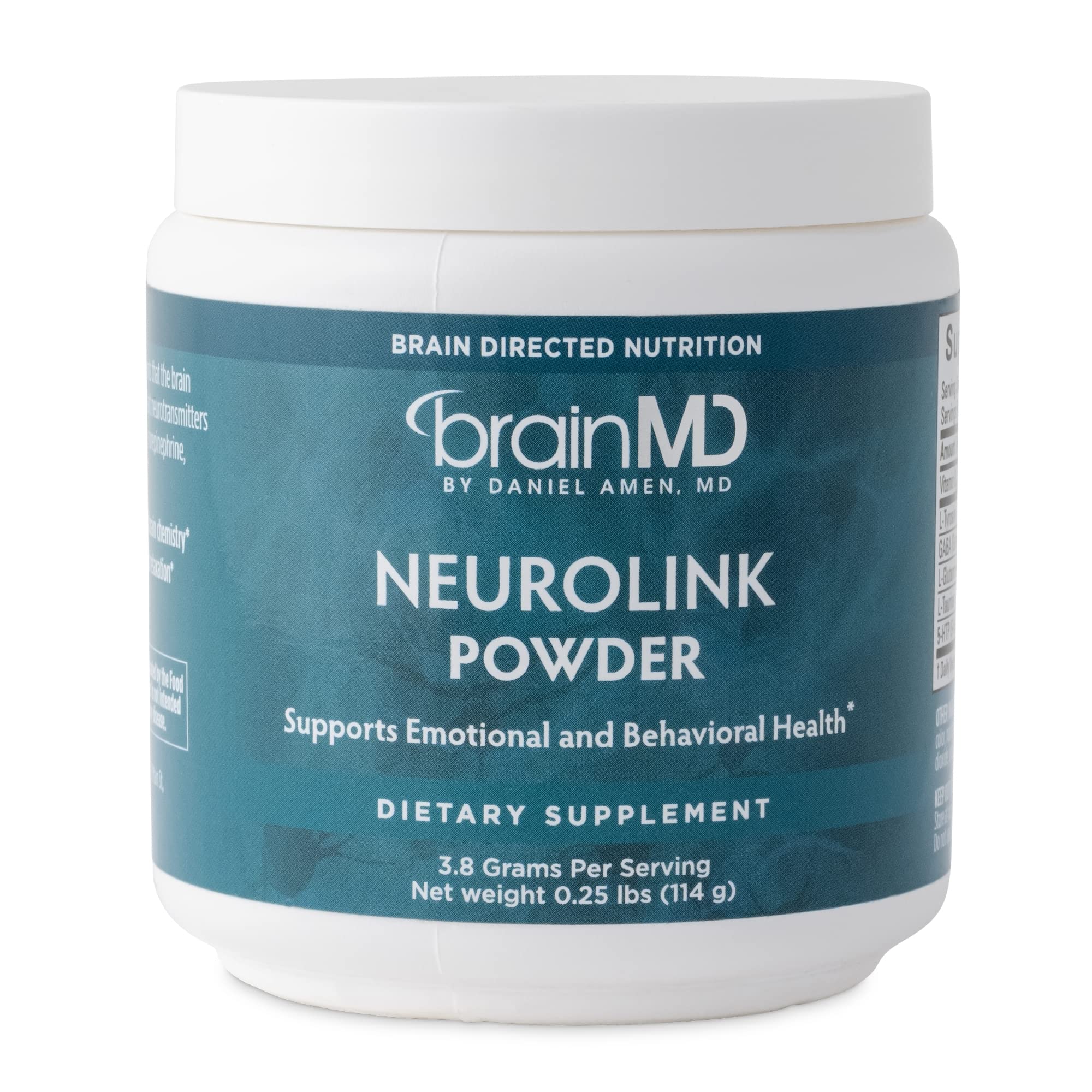 BrainMD NeuroLink powder tub front view for memory and focus support.