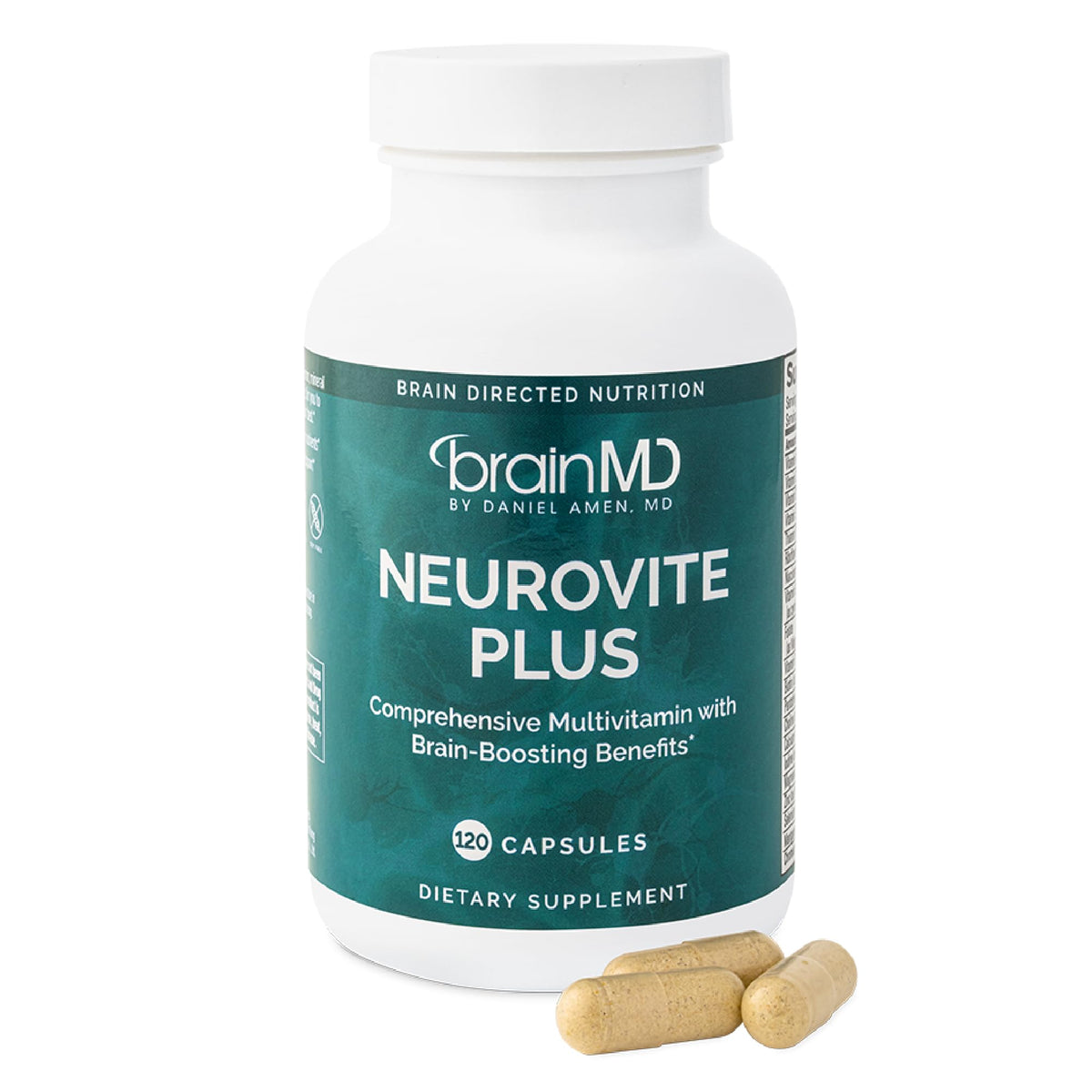 BrainMD NeuroVite Plus bottle close-up for effortless daily capsules and energy support.