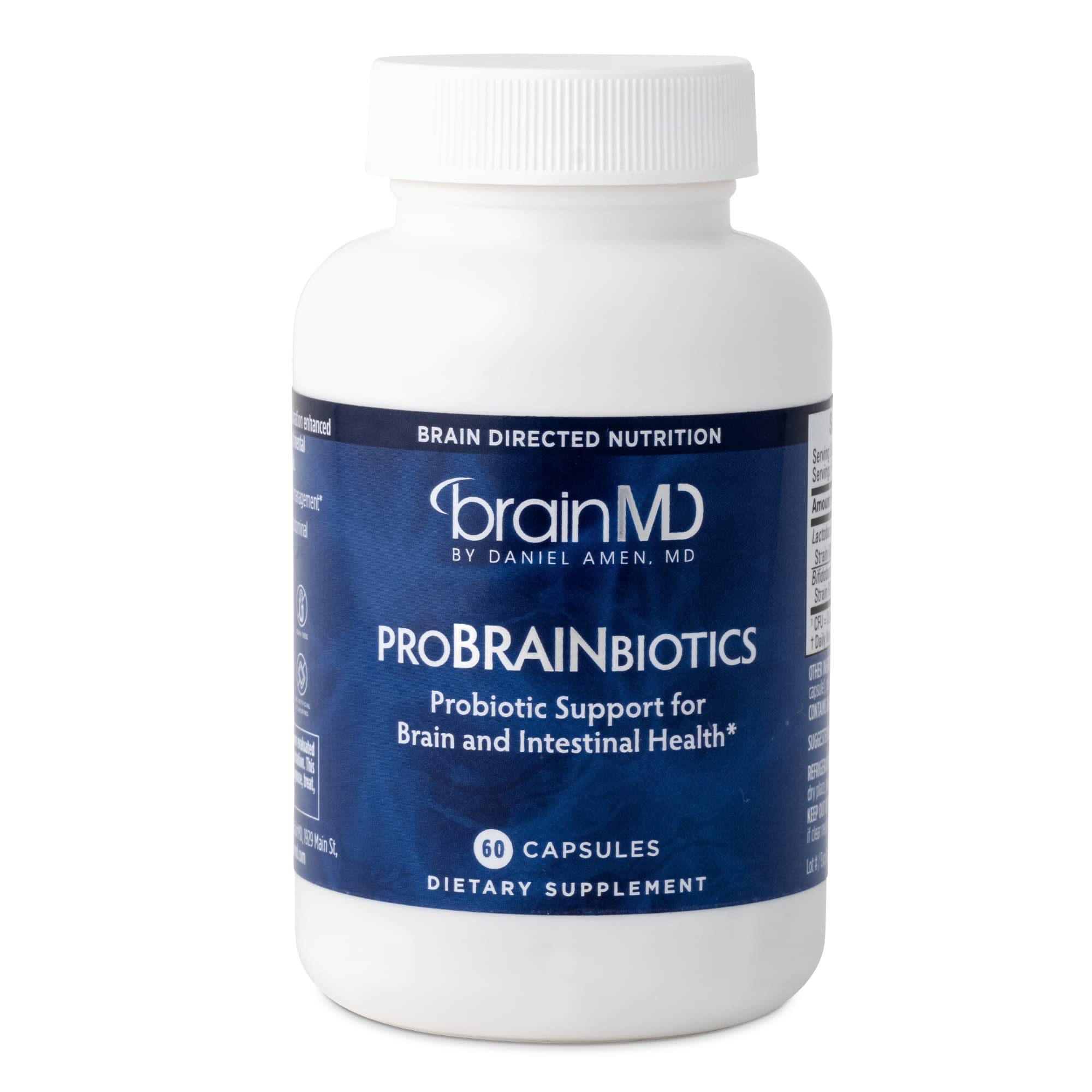 BrainMD ProBRAINbiotics bottle and capsules support gut health and mental clarity.