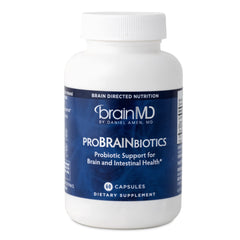 BrainMD ProBRAINbiotics bottle and capsules support gut health and mental clarity.