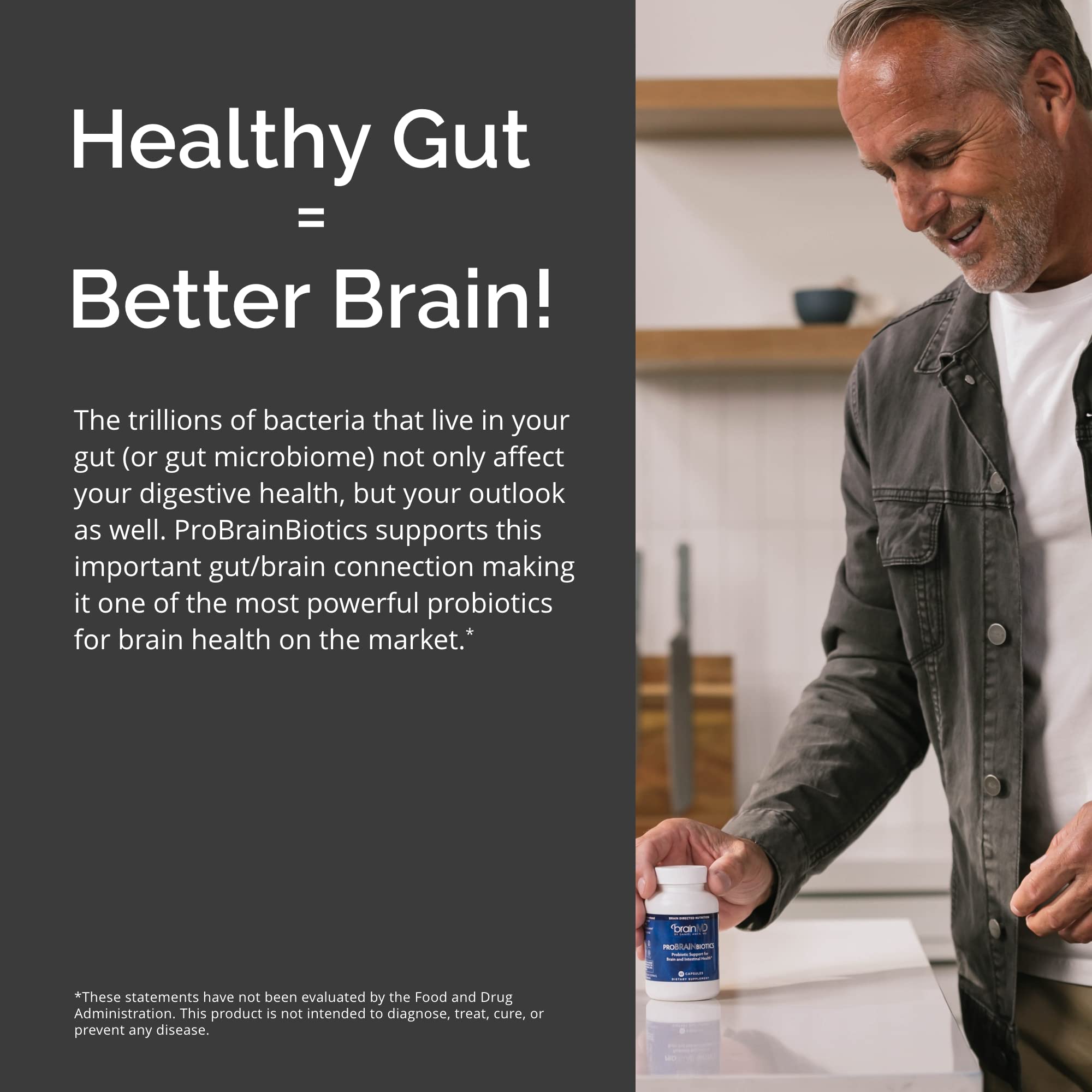 Hands holding ProBRAINbiotics bottle during morning routine for focus.
