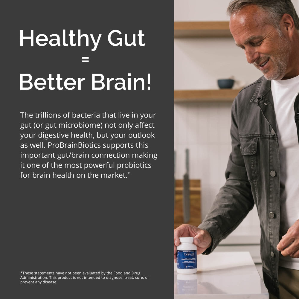Hands holding ProBRAINbiotics bottle during morning routine for focus.