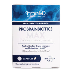 BRAINMD ProBrainBiotics MAX bottle front showing daily brain and immune support