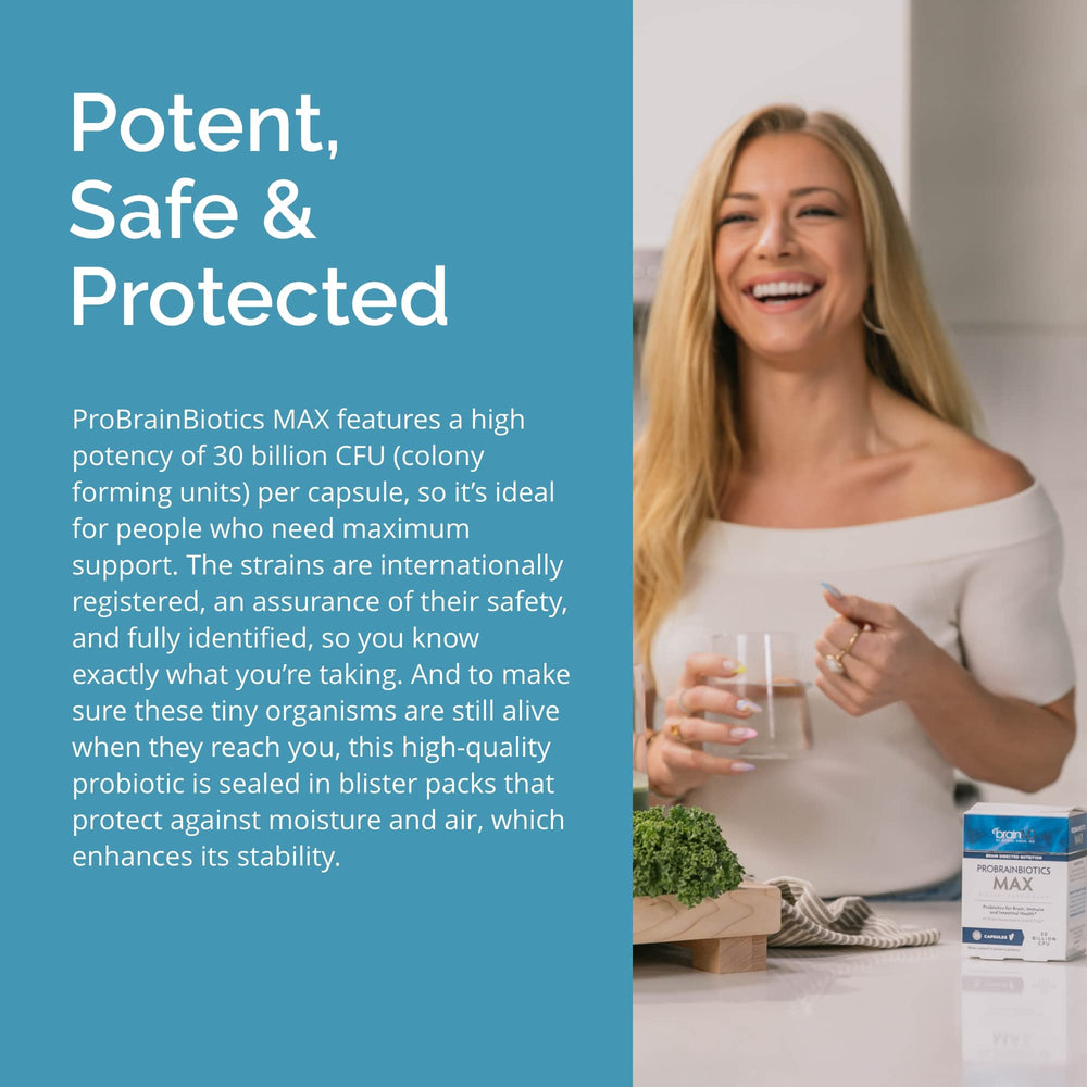 BRAINMD ProBrainBiotics MAX bottle beside a glass of water