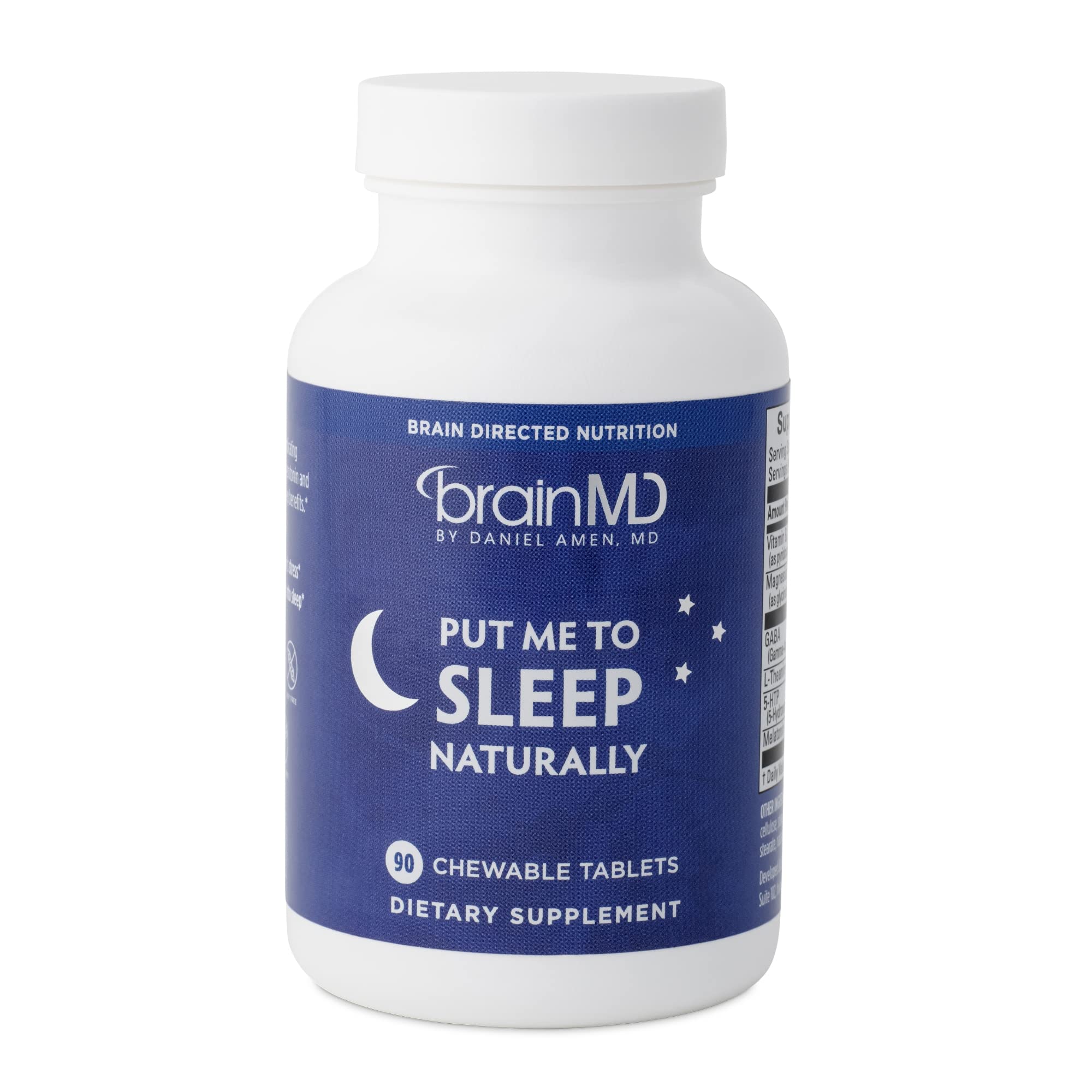BrainMD Put Me To Sleep Naturally bottle on nightstand for restful night.