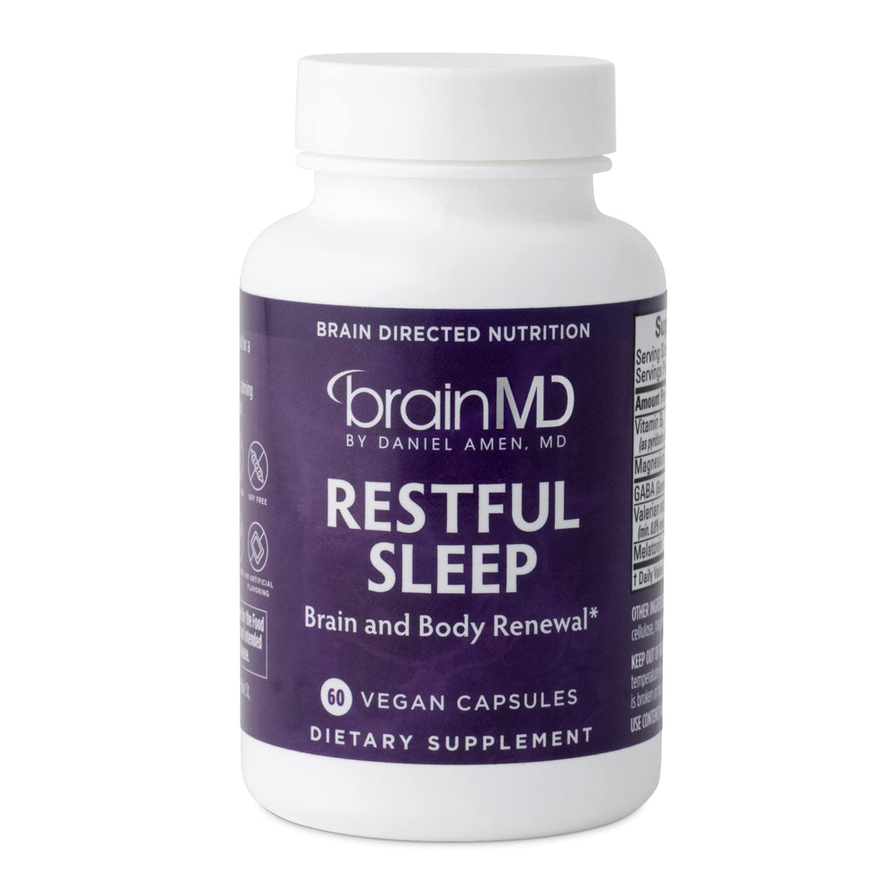 BrainMD Restful Sleep bottle front showing branding for nighttime support.