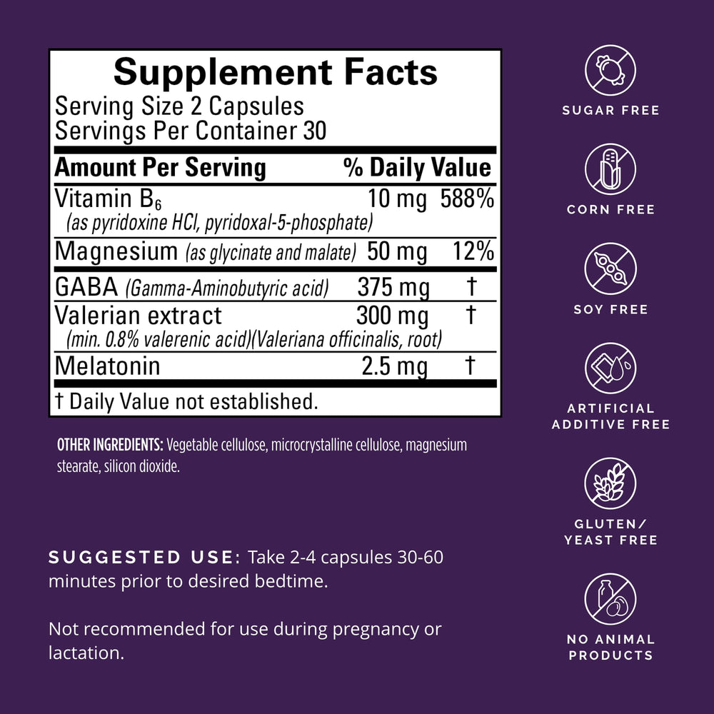 BrainMD Restful Sleep label closeup with ingredients and dosing details.