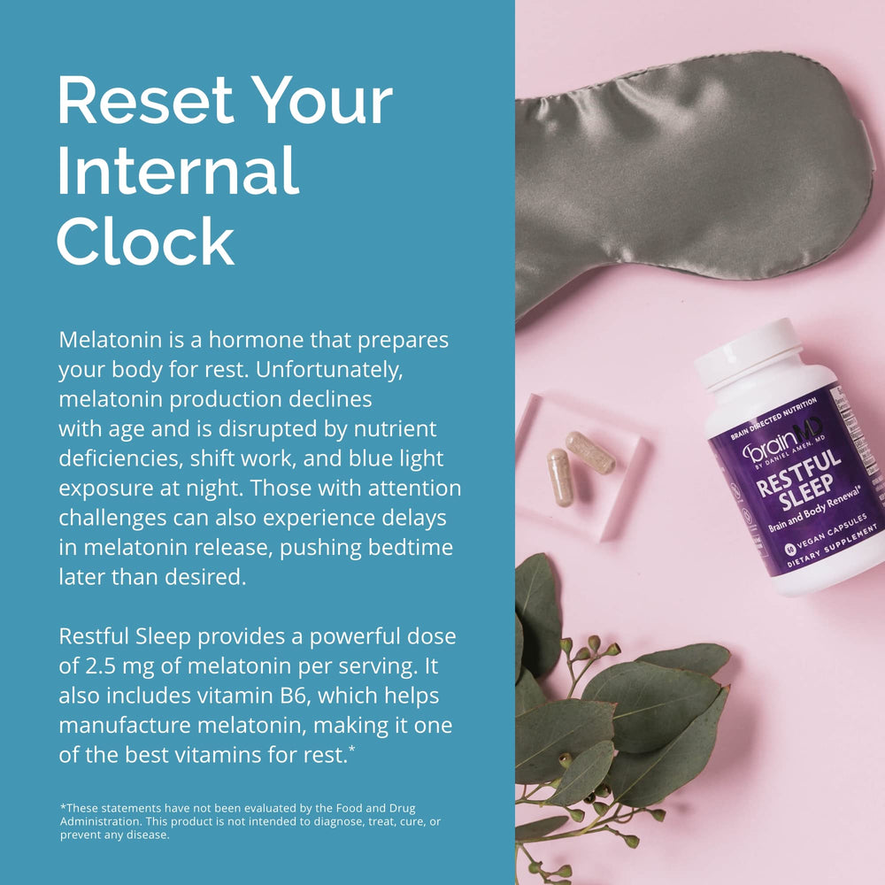BrainMD Restful Sleep packaging scene suggesting bedtime routine integration.