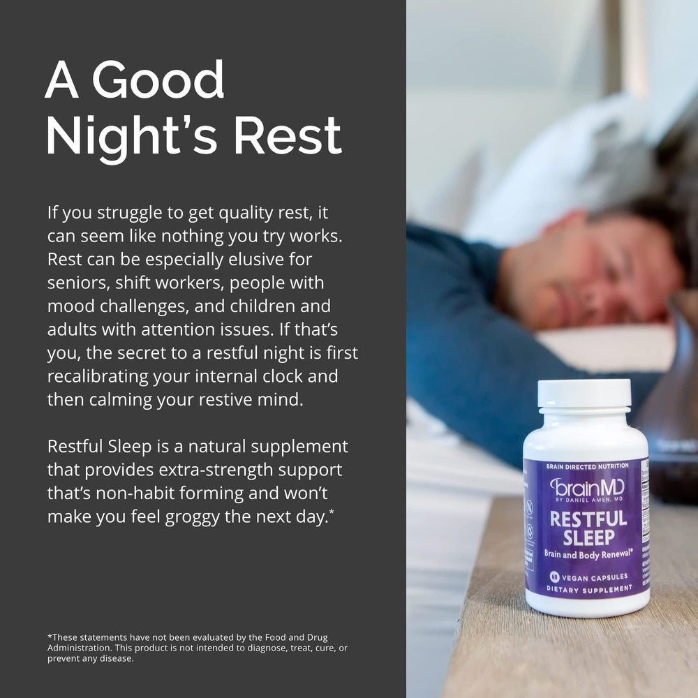 BrainMD Restful Sleep valerian extract graphic emphasizes active constituent.