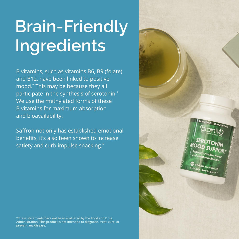 BrainMD Serotonin saffron visual emphasizing premium saffron extract use.