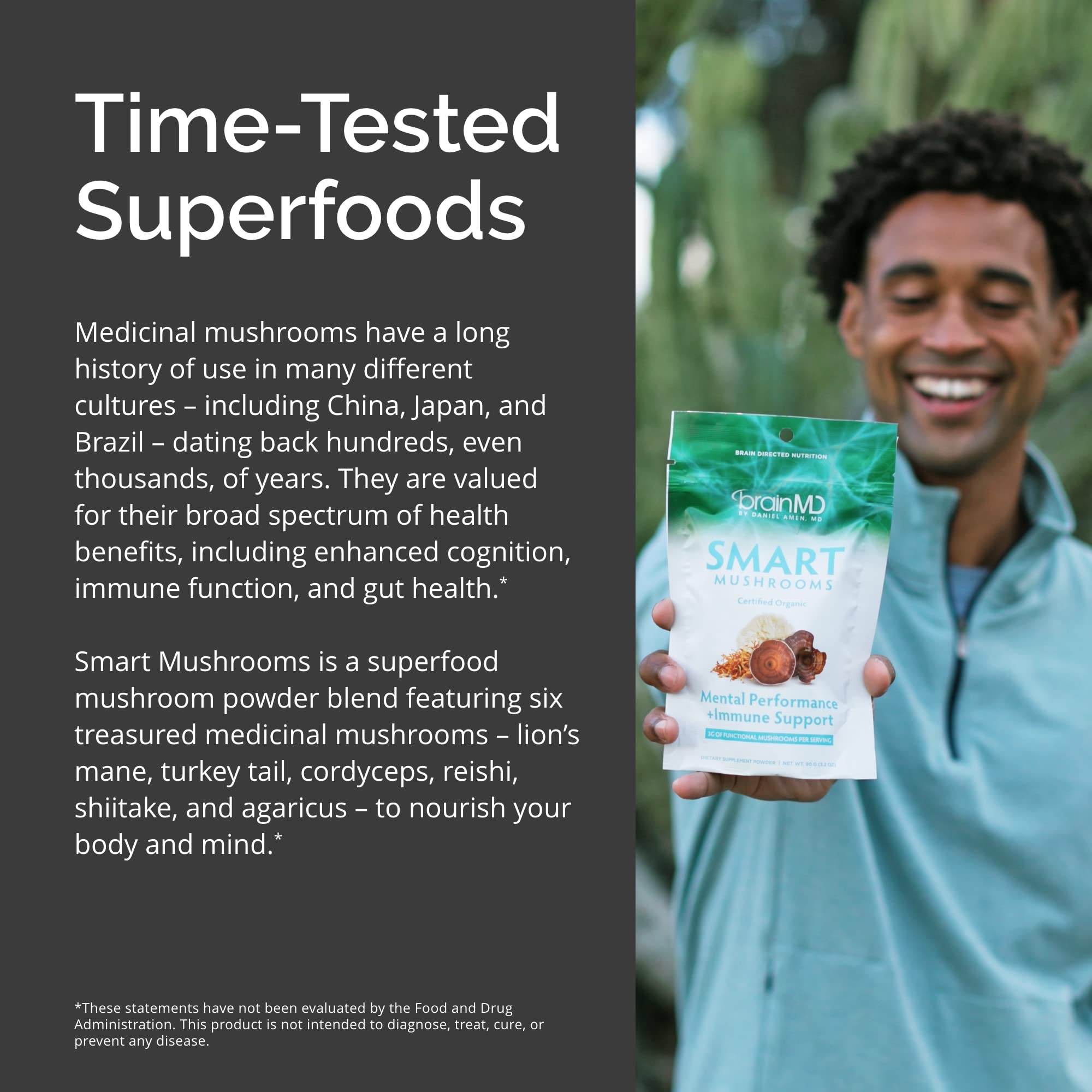 BrainMD Smart Mushrooms scoop-dispense shows simple measurement for daily use.