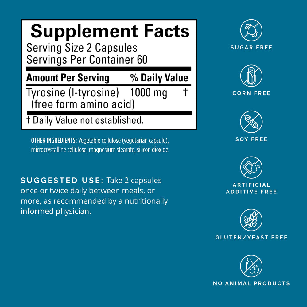 BrainMD Tyrosine capsules close-up emphasizing quality nootropic ingredient.