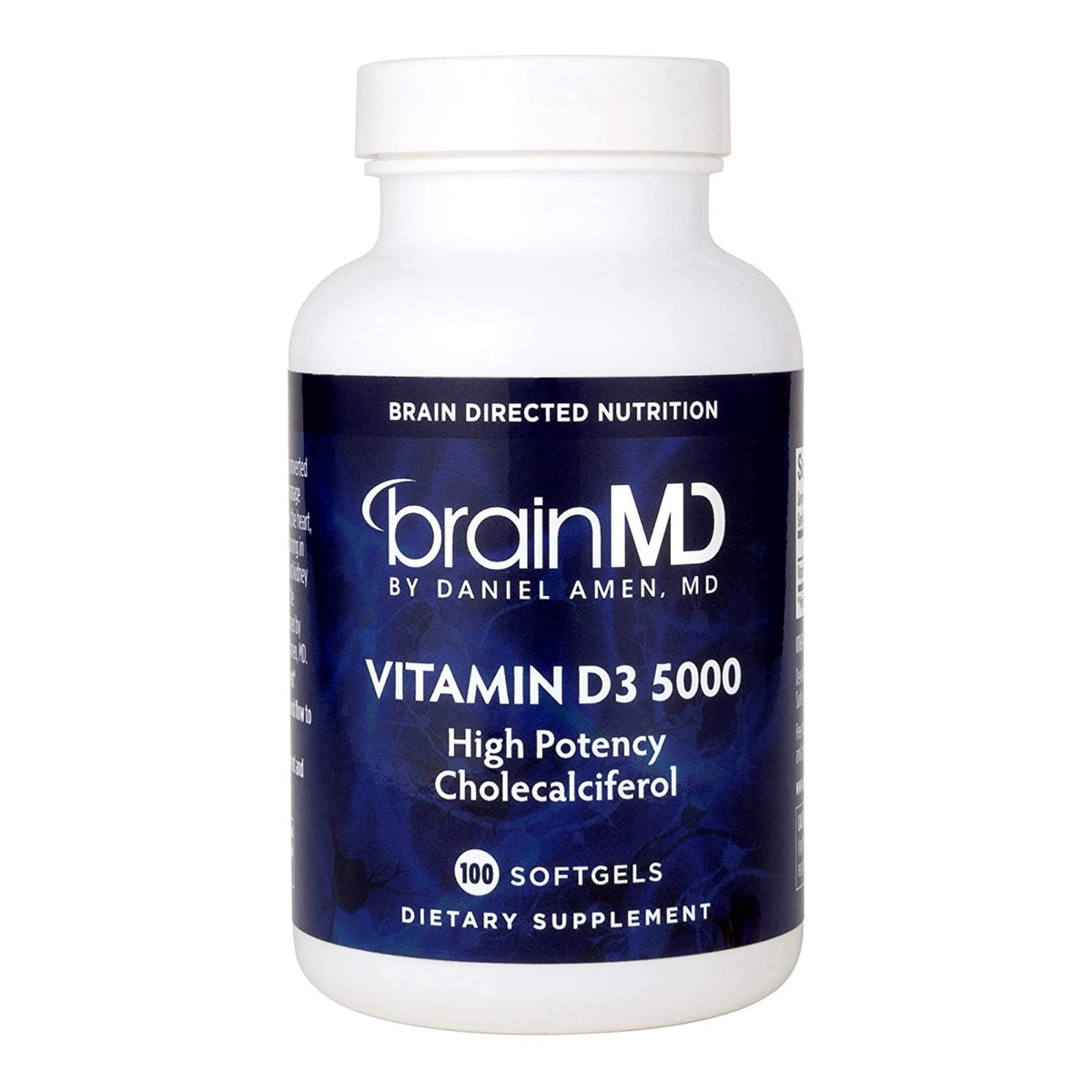 BrainMD Vitamin D3 5000 bottle on white background for daily wellness.