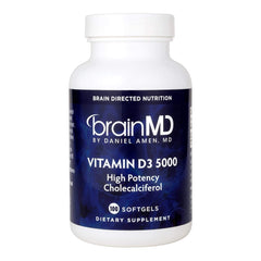 BrainMD Vitamin D3 5000 bottle on white background for daily wellness.