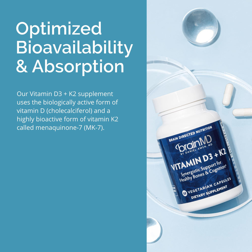 BrainMD Vitamin D3 + K2 capsules in glass ready for daily use