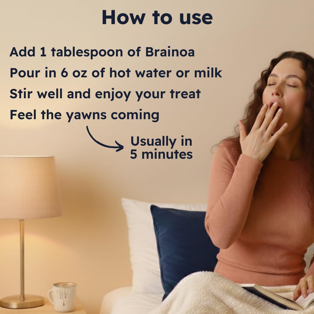 Brainoa Sleep Cocoa l-theanine dreamy mug scene signals relaxed focus.