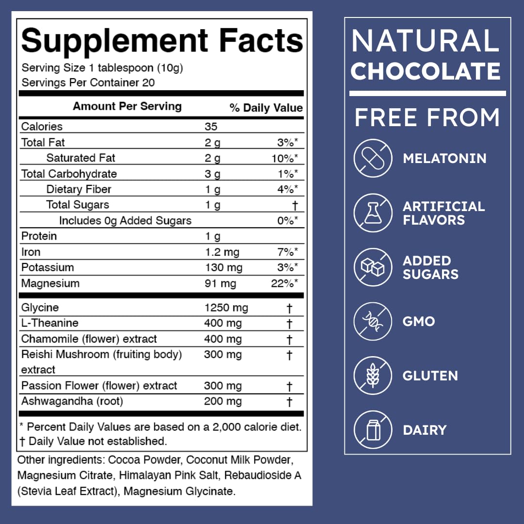 Brainoa Sleep Cocoa magnesium-glycinate closeup highlights soothing ingredients for unwinding.