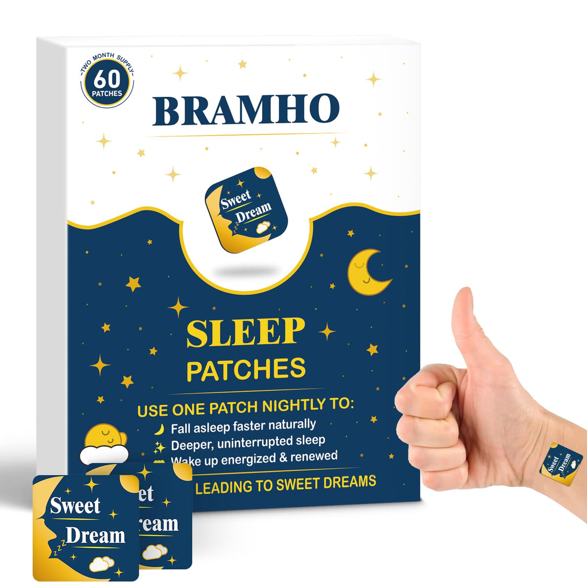 BRAMHO Sleep Patch bottle packaging highlights a convenient plant-based night routine