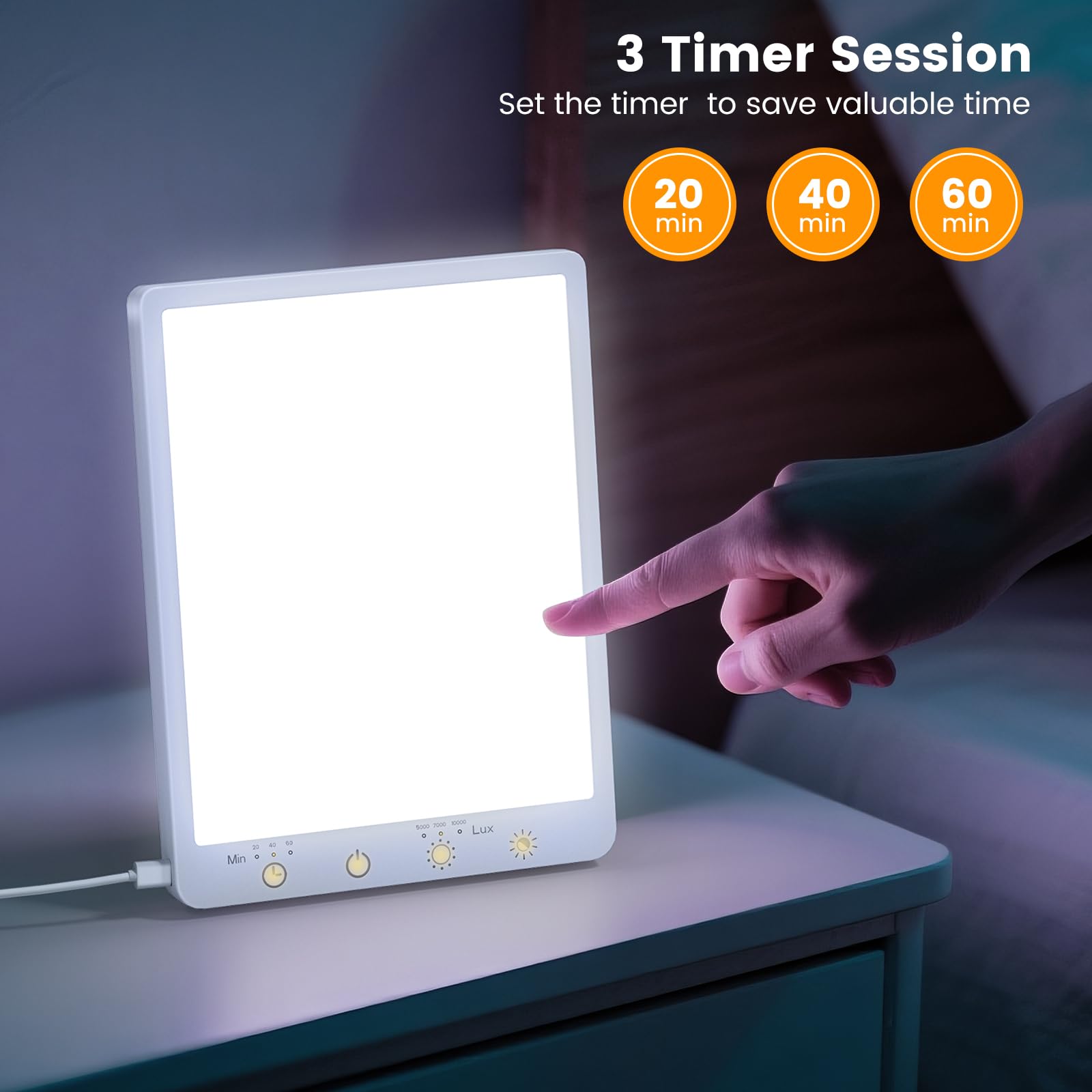 BRAND SET Light Therapy Lamp illuminated desk setup for productive daytime work.