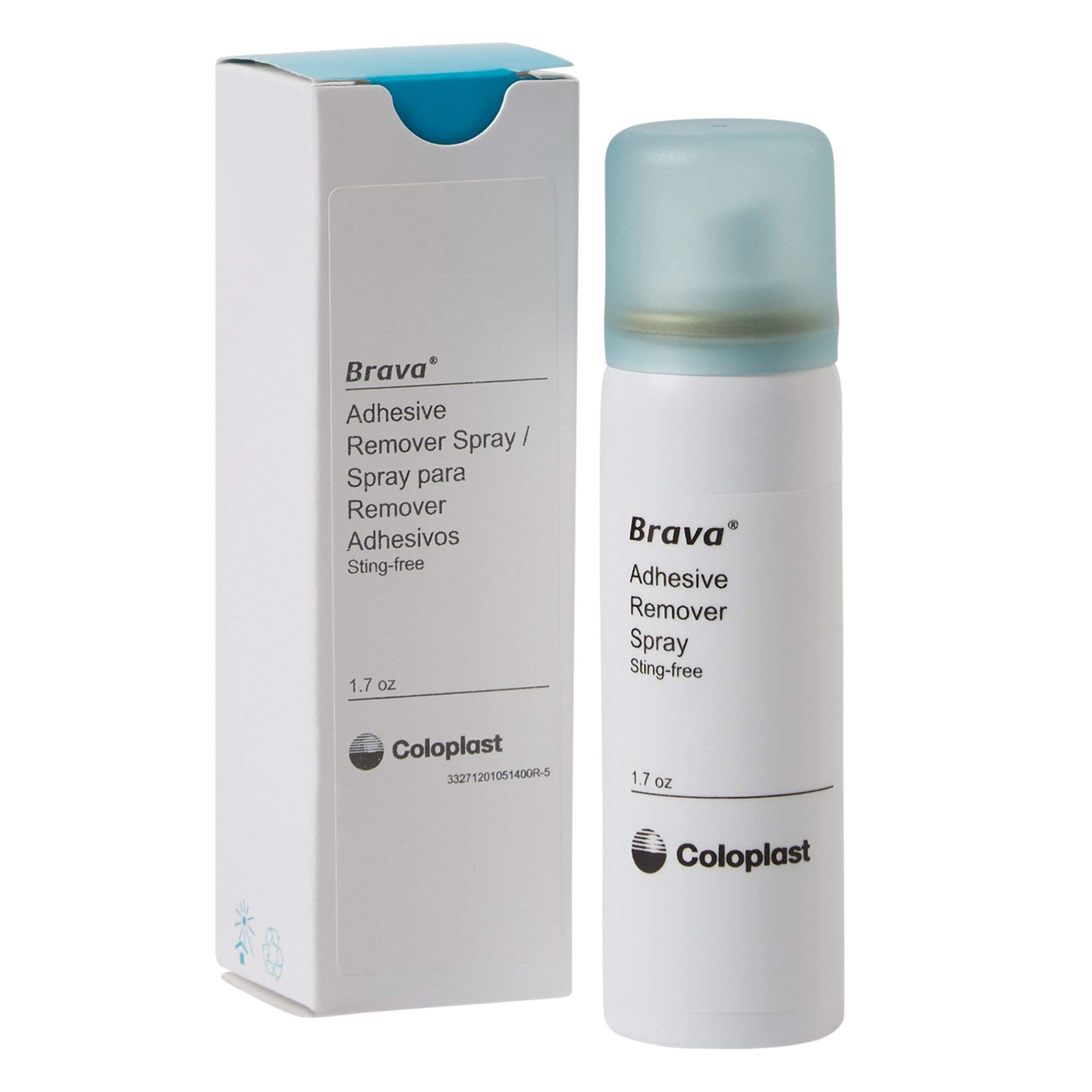 Brava Adhesive Remover spray bottle showing quick-dry, sting-free removal.