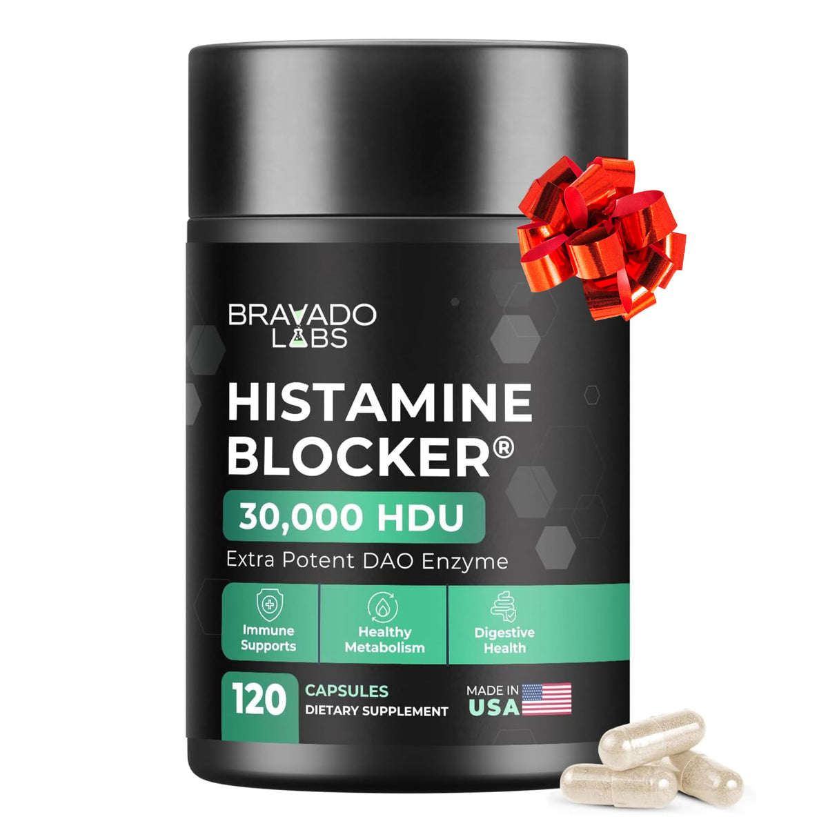 Bravado Labs DAO HDU bottle with capsules ready for daily histamine support
