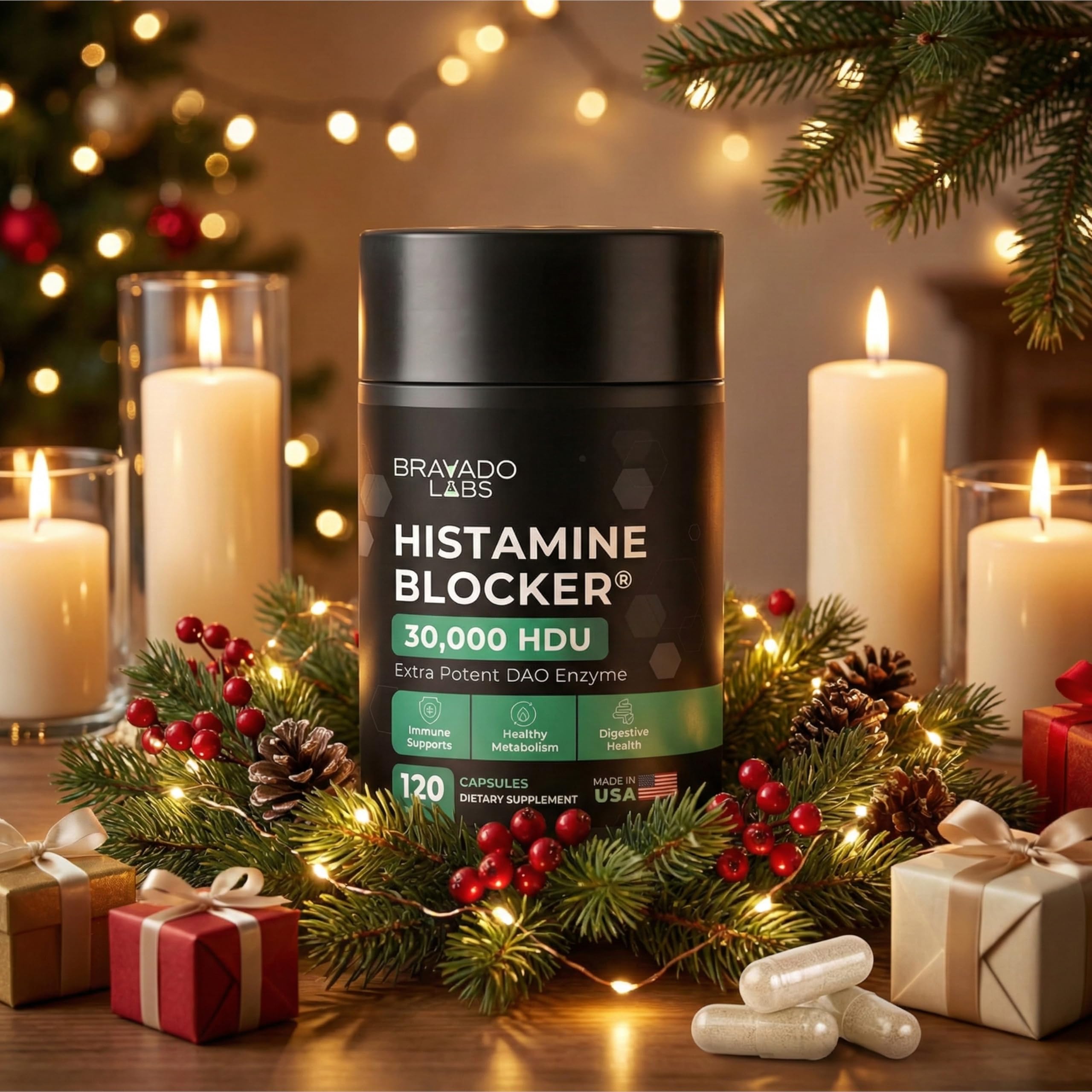 Bravado Labs DAO HDU capsules close-up highlighting potency for histamine digestion