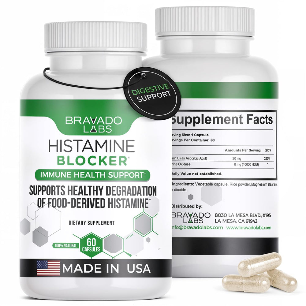 Bravado Labs Histamine Blocker bottle close-up highlighting DAO enzyme support for daily histamine management.