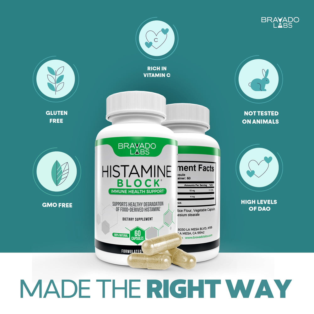 Bravado Labs Histamine Blocker dining scene suggesting use during meals and dining out.
