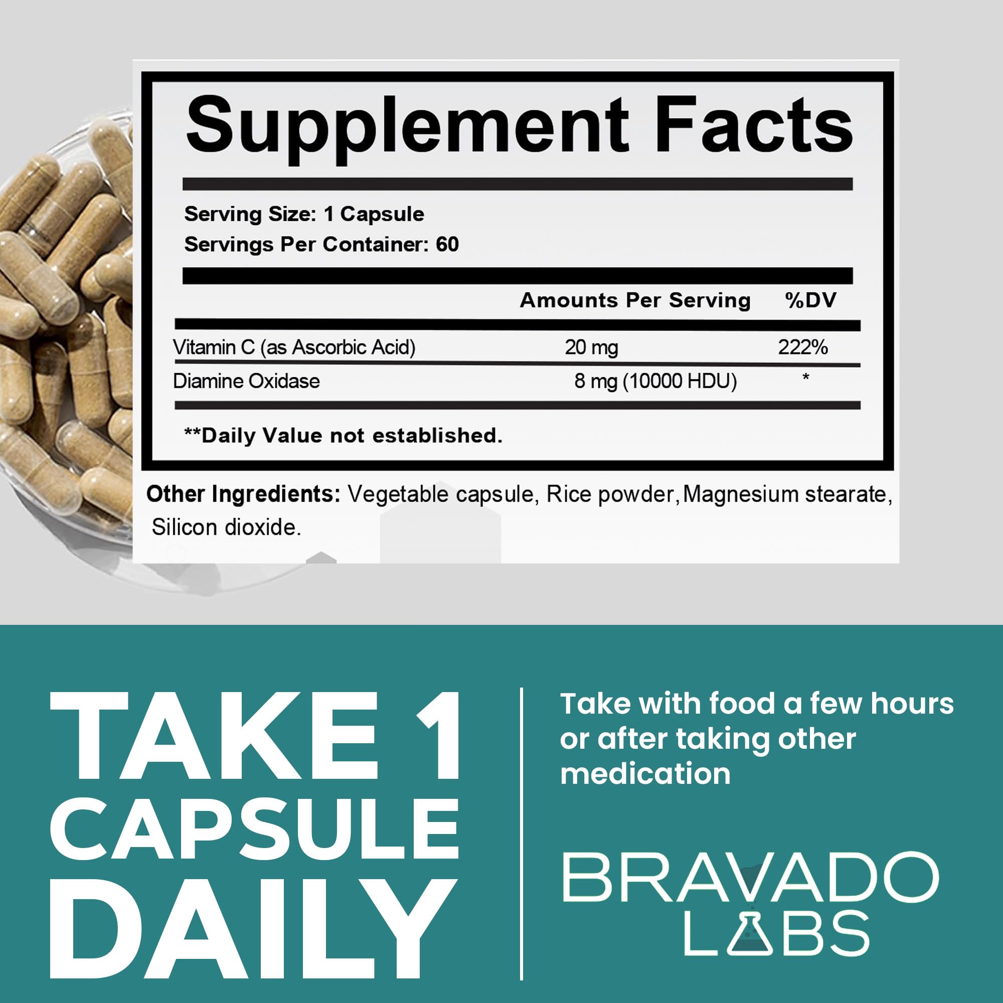 Bravado Labs Histamine Blocker label close-up confirming gluten-free and non-GMO credentials.