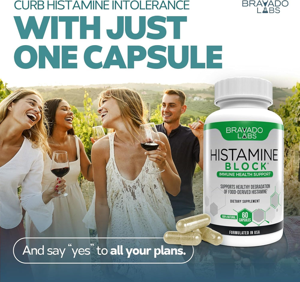 Bravado Labs Histamine Blocker vitamin C capsule image emphasizes dual-action support for histamine management.