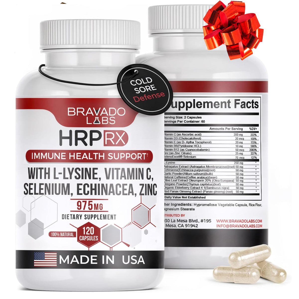 Bravado Labs L-Lysine capsules closeup showcases vegan formula for immune support