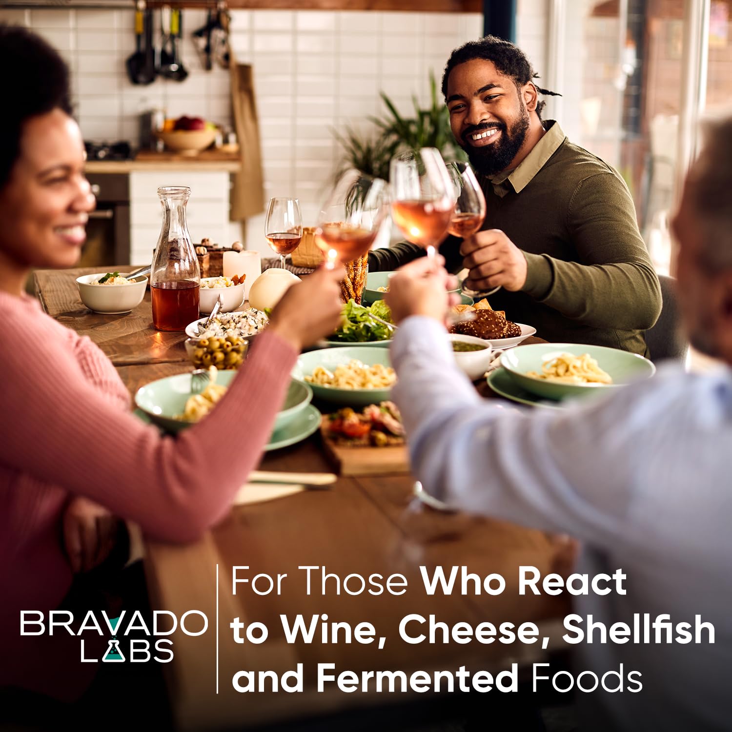 Bravado Labs wine and cheese scene suggesting histamine-rich meal compatibility