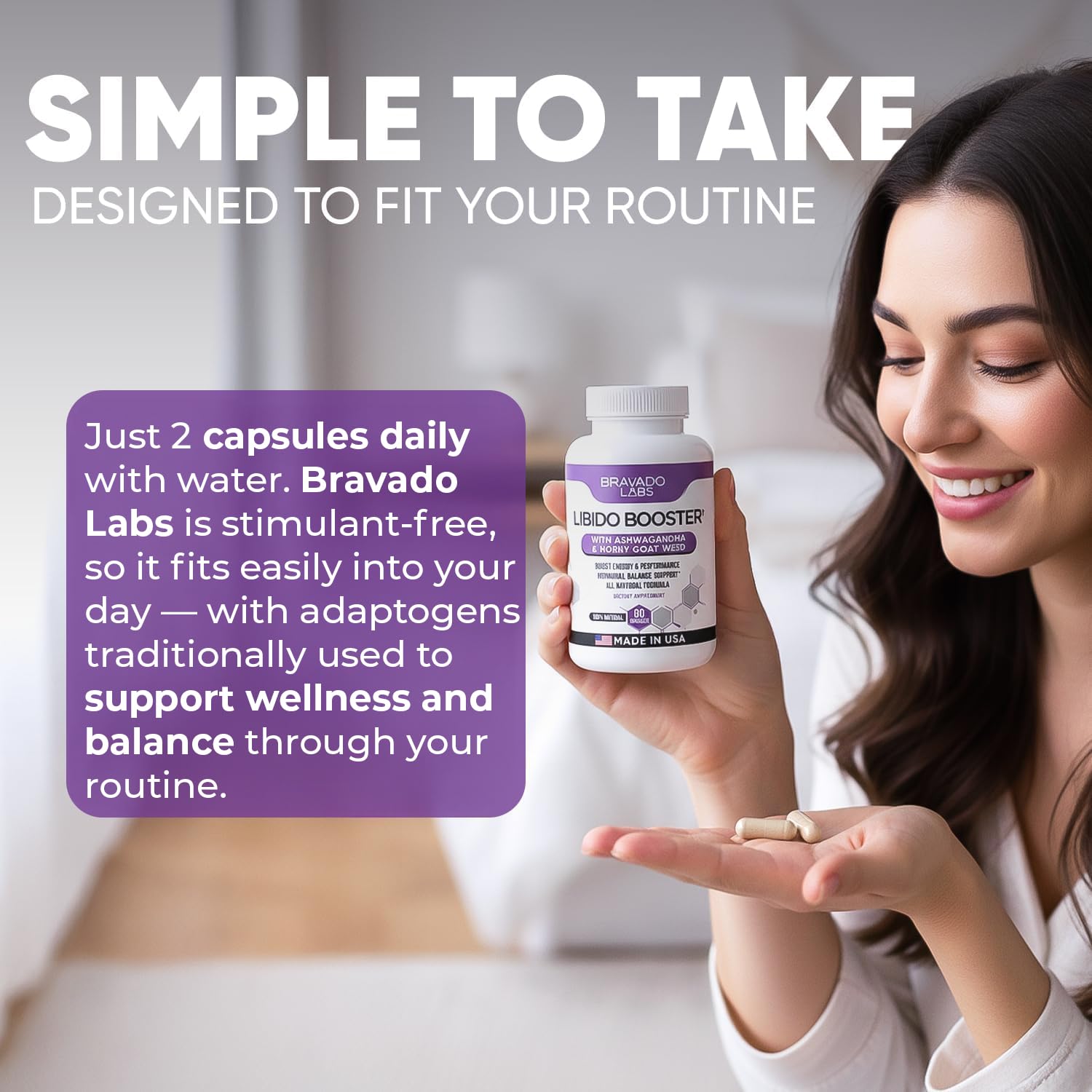 Bravado Labs Women's Energy glass of water with capsules ready to take.