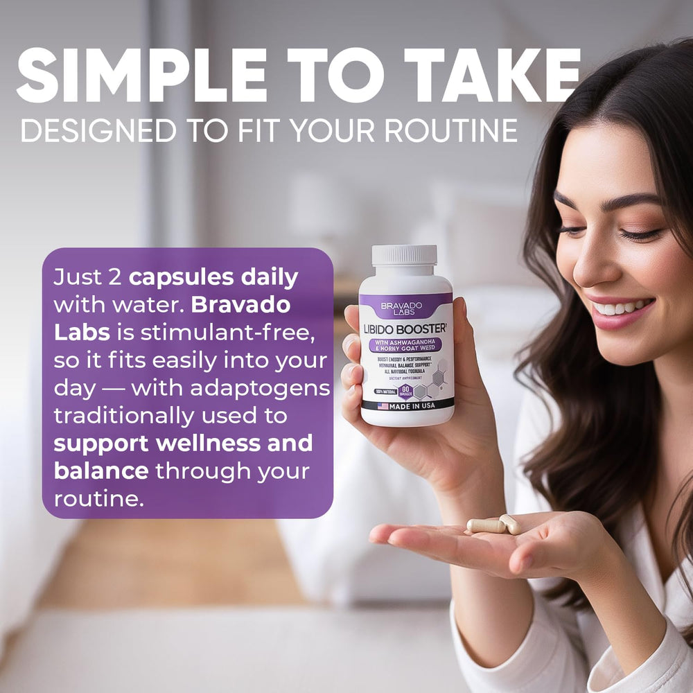 Bravado Labs Women's Energy glass of water with capsules ready to take.