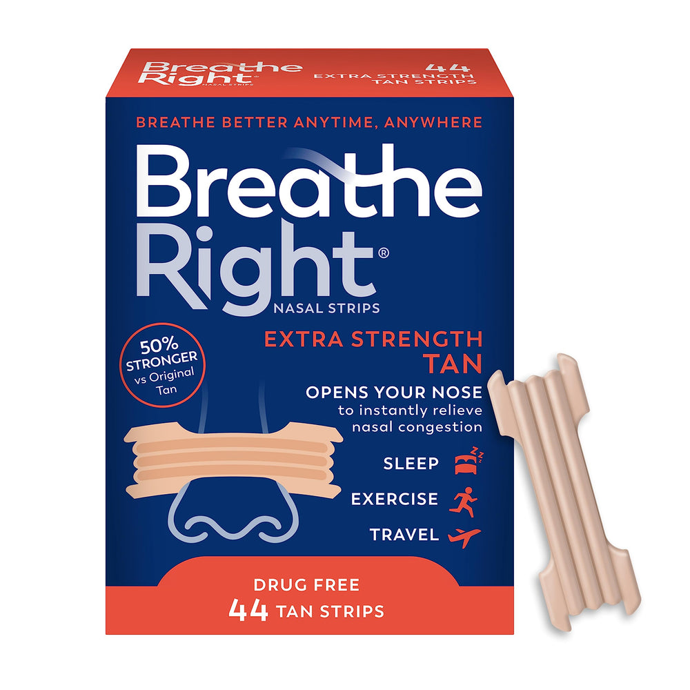 Breathe Right Extra Strength Tan nasal strip applied on the nose for quick congestion relief