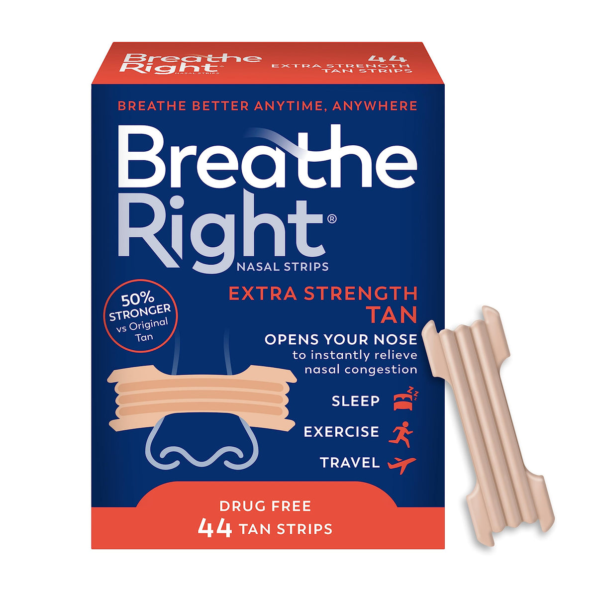 Breathe Right Extra Strength Tan nasal strip applied on the nose for quick congestion relief