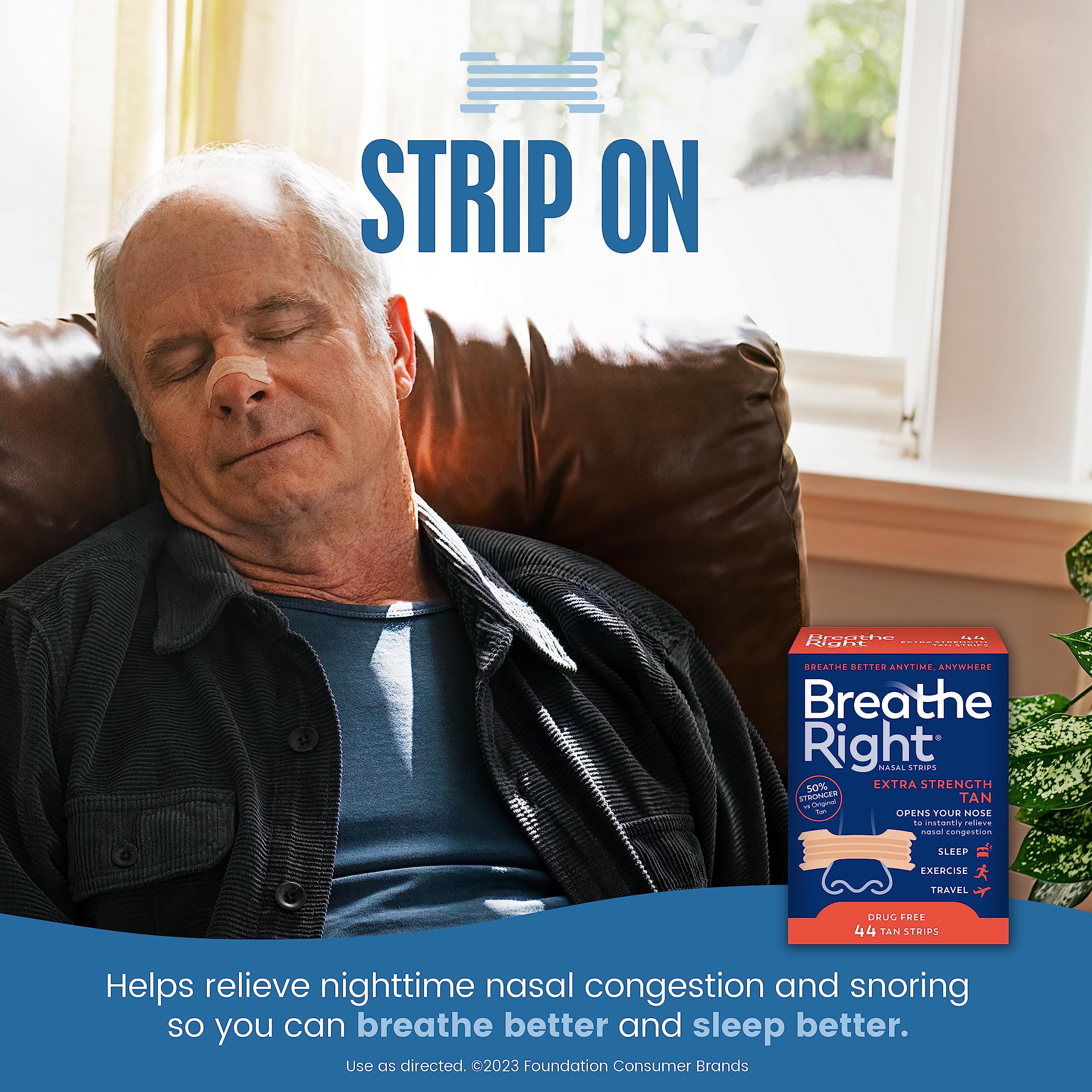 Box of Breathe Right Tan strips shows a 44 count package for easy stocking