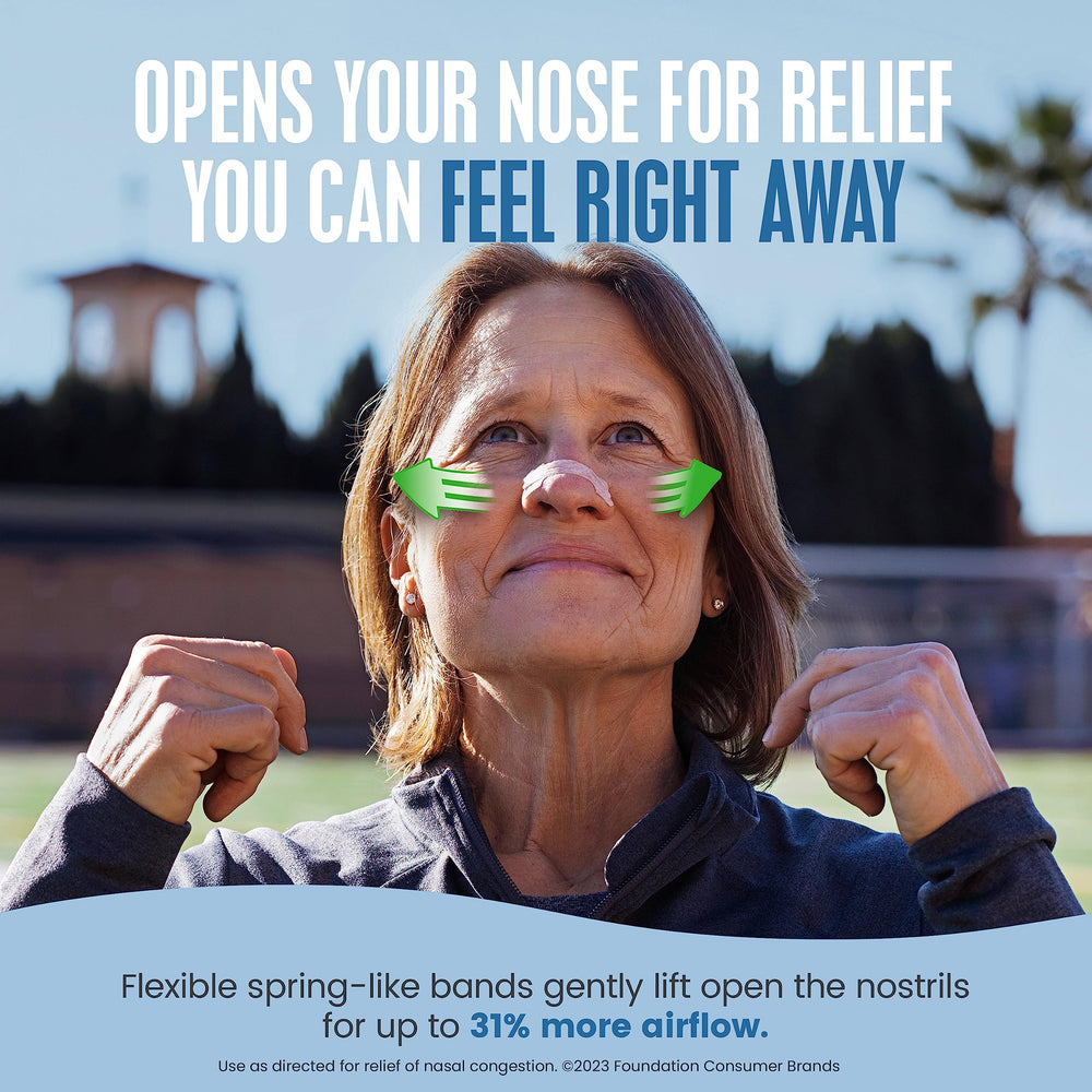 Nasal strip adheres securely to the nose during activity for easier breathing