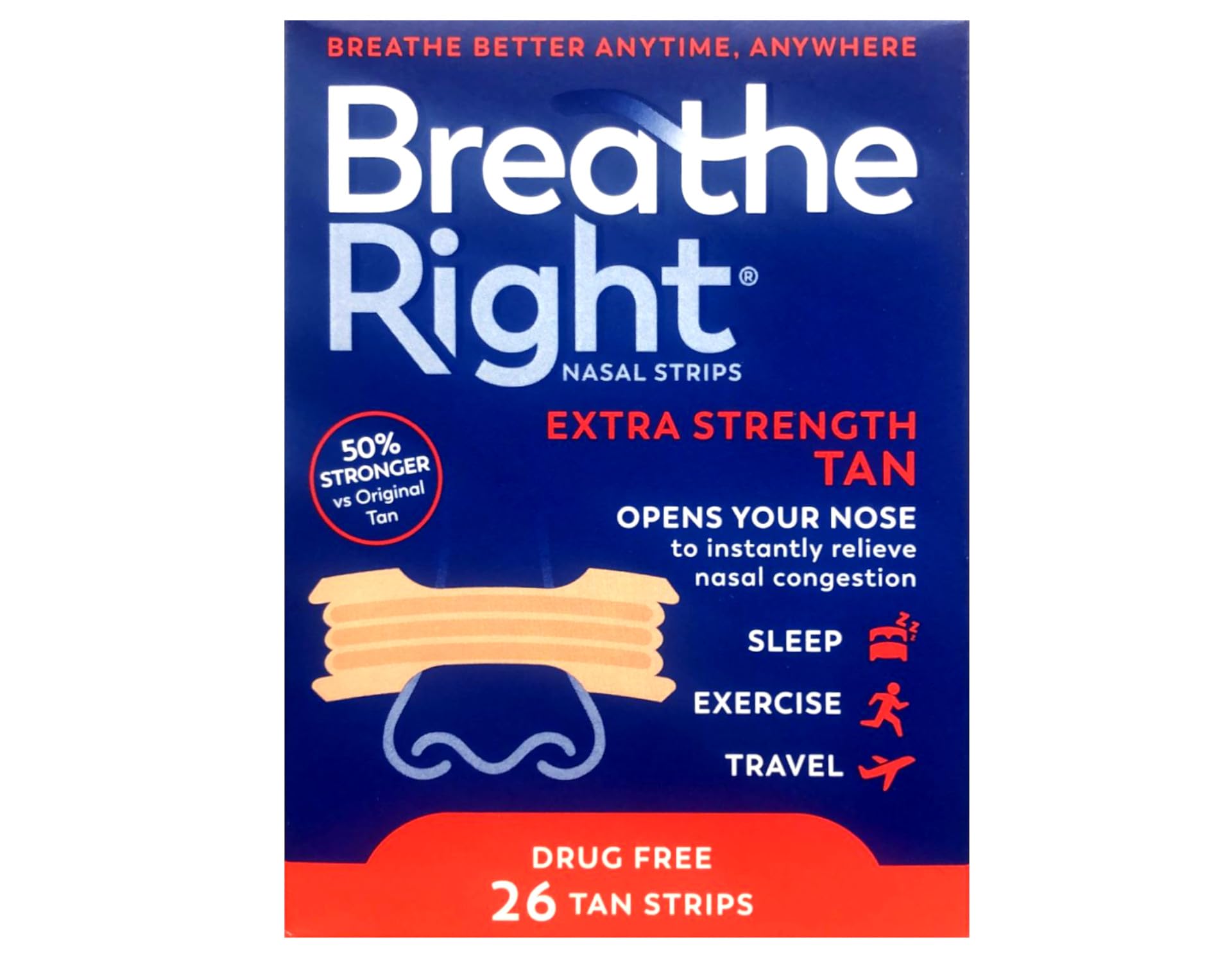 Breathe Right nasal strip on nose, extra tan, nighttime breathing aid
