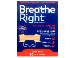 Breathe Right nasal strip on nose, extra tan, nighttime breathing aid